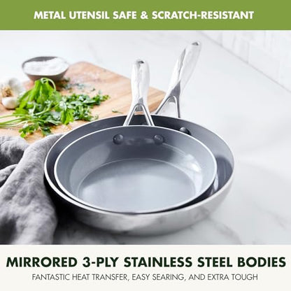 GreenPan Valencia Pro Tri-Ply Stainless Steel 8” & 10” Frying Pan Skillet Set, PFAS-Free Ceramic Nonstick Coating, Induction Ready Cookware, All Cooktops, Eggs & Omelets, Dishwasher & Oven Safe 600F