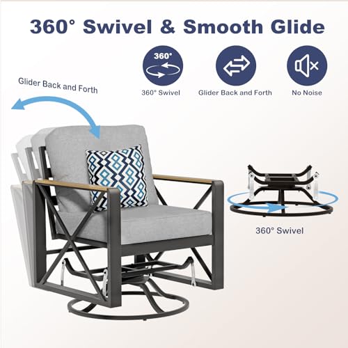 Mvpipi Aluminum Patio Furniture Set, 5 Piece Outdoor Metal Furniture Set w/Rocking Swivel Chairs, 7 Seats Balcony Conversation Sets with Coffee Table, Thick Cushions for Backyard, Poolside, Gray