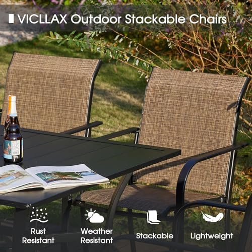 VICLLAX 5 Pieces Patio Dining Set, Outdoor Furniture Set Includes 37.8" Square Outdoor Table and 4 Stackable Patio Sling Chairs, Walnut Tabletop and Brown Fabric