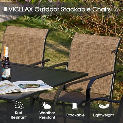 VICLLAX 5 Pieces Patio Dining Set, Outdoor Furniture Set Includes 37.8" Square Outdoor Table and 4 Stackable Patio Sling Chairs, Walnut Tabletop and Brown Fabric