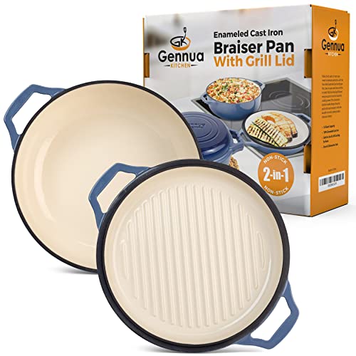 2-in-1 Enameled Cast Iron Braiser Pan with Grill Lid - 3.3-Quart Small Dutch Oven, Serves as Both Casserole & Stovetop Grill Pan, Cast Iron Cookware