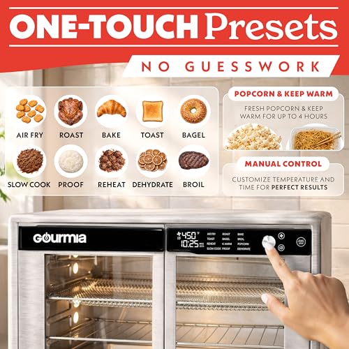 Gourmia French Door Air Fryer Oven - 37 Qt Large Capacity Convection Toaster Oven, FryForce 360°, Digital Display, 12 Cooking Presets, Dehydrate, Fits 13” Pizza, Dishwasher-Safe, Stainless Steel