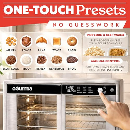 Gourmia French Door Air Fryer Oven - 37 Qt Large Capacity Convection Toaster Oven, FryForce 360°, Digital Display, 12 Cooking Presets, Dehydrate, Fits 13” Pizza, Dishwasher-Safe, Stainless Steel