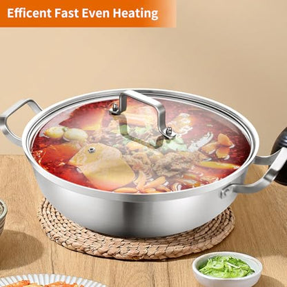 Delarlo Tri-Ply Stainless Steel Hot Pot 14 inch Everyday pan With lid, Everything Pan, Durable Deep Saute Pan, 7QT Induction Cooking Pot,Woks & Stir-Fry Pans Oven Safe Stock Pot