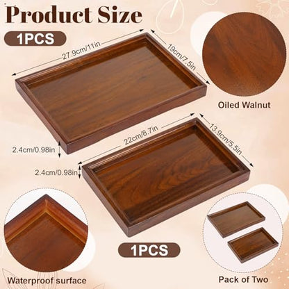 Hushee 2 Pcs Acacia Wood Serving Trays Set, Wooden Charcuterie Boards, Dual-Size Rectangular Organizer Plates for Cheese, Snacks, Tea, Jewelry, Home Decor, Coffee Table & Housewarming Gifts