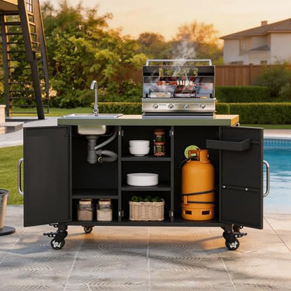 Casaphoria 55.5" Outdoor Kitchen Island with Sink, Stainless Steel BBQ Grill Cart & Pizza Oven Table, Portable Bar Station with Lockable Wheels for Patio Lawn Garden