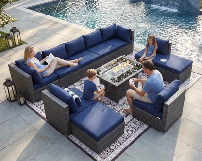 NICESOUL 11 Piece Outdoor Furniture Set with Firepit Table, Luxury 10-Person Patio Sectional Sets, 29.3'' High-Back Backyard Seating Area, All-Weather Rattan Couch Set for Outside, Deck, Grey&Blue