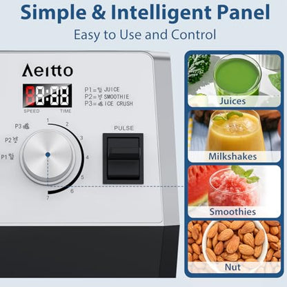 Aeitto Blenders for Kitchen with 68Oz. Large Capacity, 1800W Max Power Smoothie Blender, 3 Preset Programs & 7 Speeds, Professional Countertop Blender for Smoothies, Ice Crush, Generation 2 Silver