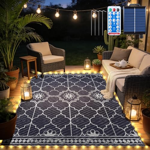 6x9Ft Outdoor Rug, Solar Powered Outdoor Rug with 94LEDs Strip Lights for House Deck, Waterproof Plastic Reversible Outdoor Straw Rugs, Rugs Mat RV Camping Patio Beach Balcony Picnic (Blue White)