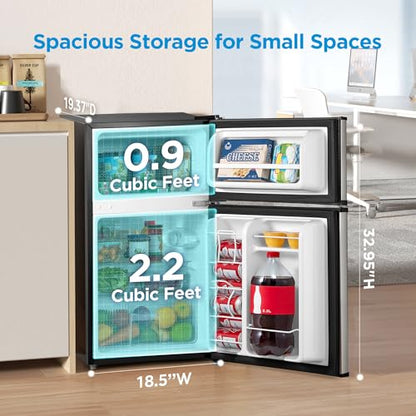 Midea WHD-113FSS1 Double Door Mini Fridge with Freezer for Bedroom Office or Dorm with Adjustable Remove Glass Shelves Compact Refrigerator, 3.1 cu ft, Stainless Steel