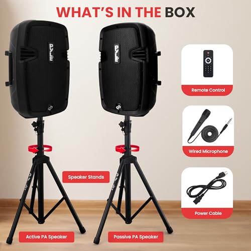 Pyle Active + Passive PA Systems - Dual 8inch 700 Watt Max Power Output Speaker with Microphone, Bluetooth Wireless Streaming, MP3/USB/SD/AUX Readers, Speaker Stands- Pyle PPHP849KT