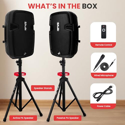 Pyle Active + Passive PA Systems - Dual 8inch 700 Watt Max Power Output Speaker with Microphone, Bluetooth Wireless Streaming, MP3/USB/SD/AUX Readers, Speaker Stands- Pyle PPHP849KT