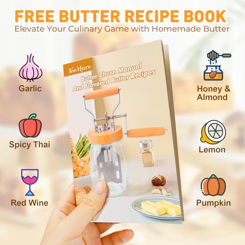 TeeMars Butter Churner - Mason Jar Butter Churner Hand Crank, 34oz Manual Butter Maker in 15 Min, Free 14 Recipes, Paddle, Mold with Lid, Cheese Cloth & Anti-slip Mat