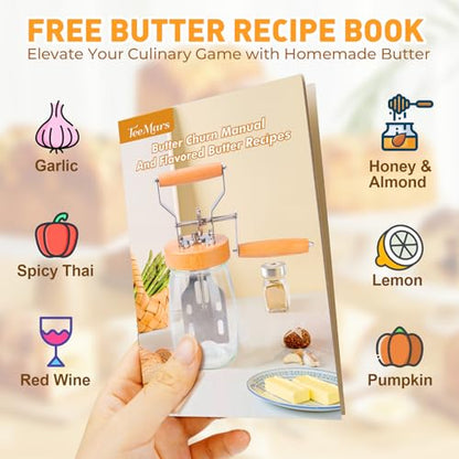TeeMars Butter Churner - Mason Jar Butter Churner Hand Crank, 34oz Manual Butter Maker in 15 Min, Free 14 Recipes, Paddle, Mold with Lid, Cheese Cloth & Anti-slip Mat