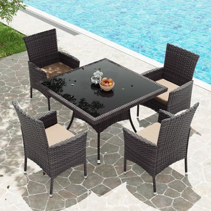 Gotland 10 Piece Outdoor Dining Set, All-Weather Rattan Patio Furniture Set with Umbrella Hole Tempered Glass Square Table, Outdoor Table and Chairs with Removable Cushions for Backyard, Deck Khaki