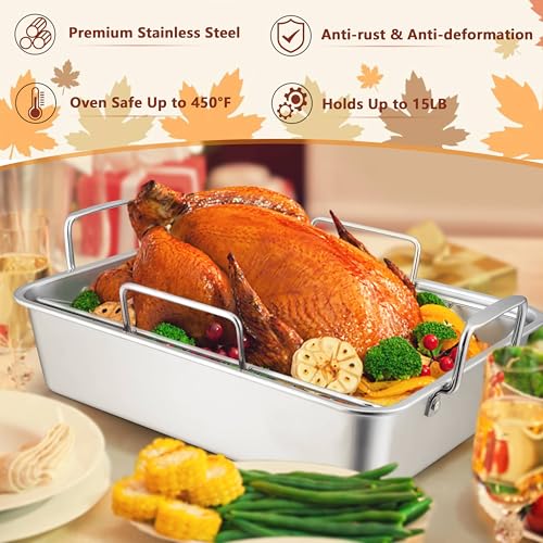 LIANYU 14 Inch Roasting Pan, Turkey Roaster with 2 Racks, Heavy Duty Stainless Steel Deep Broiling Lasagna Pan for Turkey, Chicken, Dishwasher Safe