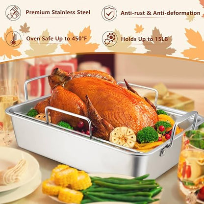 LIANYU 14 Inch Roasting Pan, Turkey Roaster with 2 Racks, Heavy Duty Stainless Steel Deep Broiling Lasagna Pan for Turkey, Chicken, Dishwasher Safe