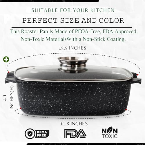 Moss & Stone 6 Quart Oval Roaster Pot with Lid, 12"x8.3" Die Cast Aluminum Chicken Roaster, Induction, Gas & Ceramic Cooktop Compatible, Hard Anodized Nonstick Roasting Pan With Lid, Oven Safe