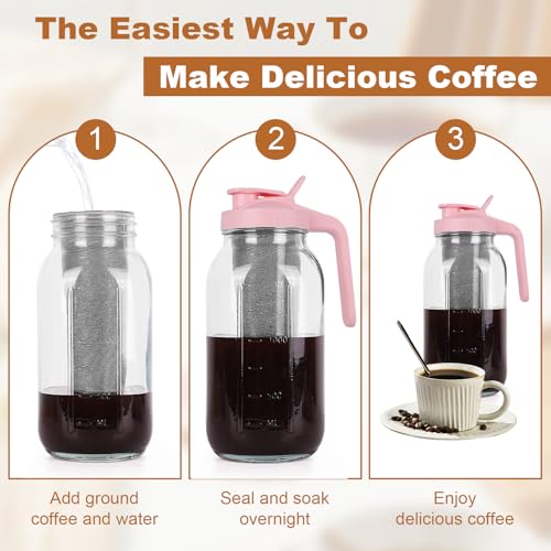QHH Cold Brew Coffee Maker, 64 oz Mason Jar Pitcher with Stainless Steel Filter, Pour Spout Handle Lid, Heavy Duty Glass Airtight & Leak-Proof for Iced Coffee,Tea & Lemonade