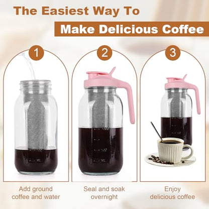 QHH Cold Brew Coffee Maker, 64 oz Mason Jar Pitcher with Stainless Steel Filter, Pour Spout Handle Lid, Heavy Duty Glass Airtight & Leak-Proof for Iced Coffee,Tea & Lemonade