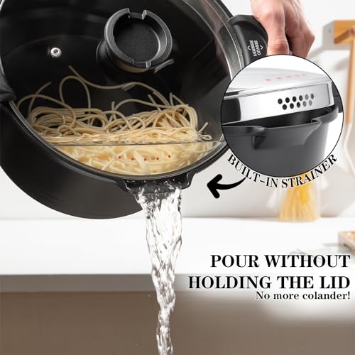 5qt Pasta Pot with Strainer Lid, Cast Aluminum Stockpot Multipot, Nonstick Ceramic Coating make Cleanup easy with Tempered Glass Lid, Dishwasher Safe, Induction, Black