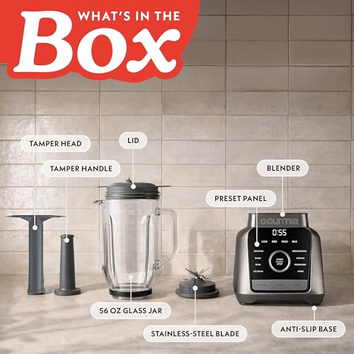 Gourmia Countertop Blender – 8 Blend Programs, 4 Speeds, Pulse and Manual Mode, 56oz Pitcher, Digital Display with Integrated Timer, Round-Plated Tamper, Dishwasher-Safe Parts