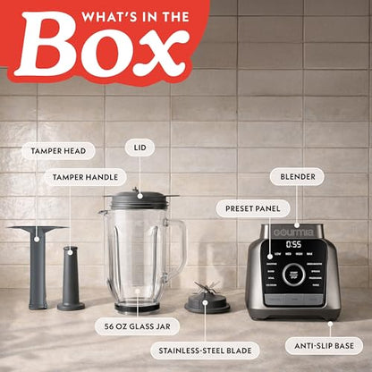 Gourmia Countertop Blender – 8 Blend Programs, 4 Speeds, Pulse and Manual Mode, 56oz Pitcher, Digital Display with Integrated Timer, Round-Plated Tamper, Dishwasher-Safe Parts