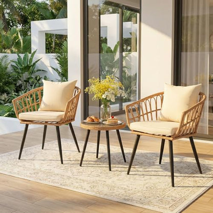 VineBreeze 3-Piece Patio Dining Set, Featuring a Round PE Rattan Table and 2 Chairs, Suitable for Bedrooms, Porches and Gardens All-Weather Furniture Set Includes Tempered Glass, Thick Cushions