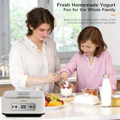 Hofenta 1.7 Quart Yogurt Maker with Stainless Steel Bowl, 9 Glass Jars, Digital Timer, Temperature Control, BPA-Free, Easy-to-Use, Family-Sized for Homemade Probiotic Yogurt, Dishwasher Safe