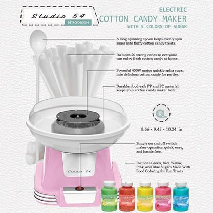 Studio 54 Retro Cotton Candy Machine with 5 Jars (11oz Each) Floss Sugar, 50 Paper Cones, Easy Cleanup Cotton Candy Maker, Durable Retro Design, Makes 20–30 Servings per Jar, BPA & Lead Free
