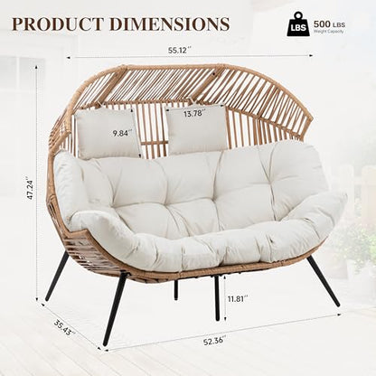 JAMFLY Double Egg Chair Wicker Outdoor Chairs, 2 Person Oversized Patio Loveseat Lounge Chair with Cushion, Indoor Living Room Bedroom Outside Patio Backyard Balcony Leisure Chair, Creamy White