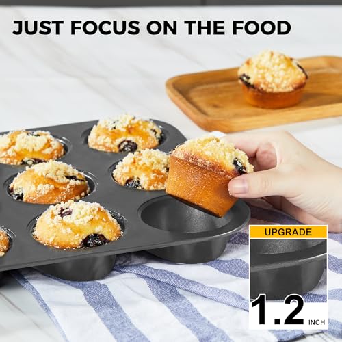 HONGBAKE Muffin Pans with 120 Natural Parchment Liners, Nonstick Cupcake Baking Tray for Oven, Premium Standard Size, 12 Cup, 2 Pack, Dark Grey