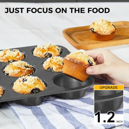 HONGBAKE Muffin Pans with 120 Natural Parchment Liners, Nonstick Cupcake Baking Tray for Oven, Premium Standard Size, 12 Cup, 2 Pack, Dark Grey