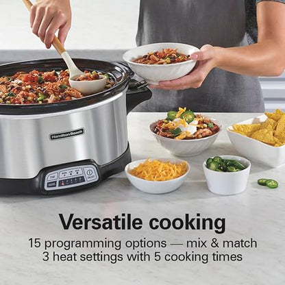Hamilton Beach Programmable Stay or Go® Slow Cooker, 7 Quart Capacity, Includes 20 oz. Party Dipper Food Warmer, Silver, R33477 (Renewed)