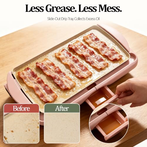 I-Keukenn 20" Pink Electric Griddle & Skillet with Ceramic Non-Stick Surface, 1400W Family-Sized Extra Large Baking Pan, Adjustable Temperature & Slide-Out Drip Tray