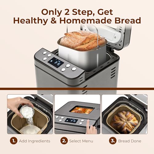 Rosewill 25-in-1 Automatic Bread Maker Machine with 3 Loaf Size up to 2 Lb, 700W High Power Dual Heater with BPA-free Nonstick Coating Pan, Max 15 Hours Delay Timer, Low Noise - Gray