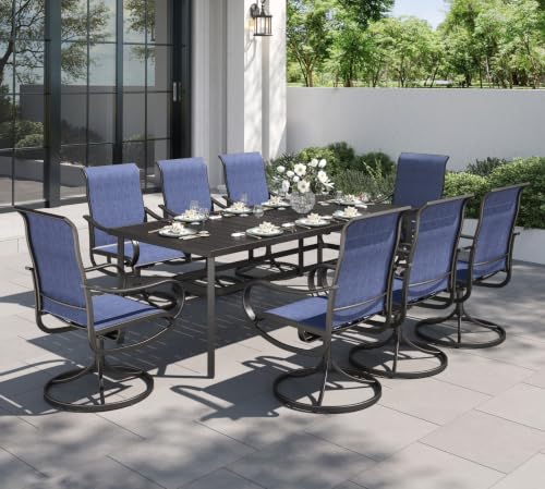 PHI VILLA 9 Piece Outdoor Dining Set, 82'' Metal Table & Blue Swivel Chairs