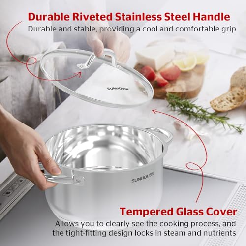 Sunhouse Stock Pot with Lid - 13 QT Large Pot for Cooking Pasta, Soup, Spaghetti - Impact Bonding Base Big Stainless Steel Pots for Canning, Boiling - Oven Safe & Induction Compatible Cookware