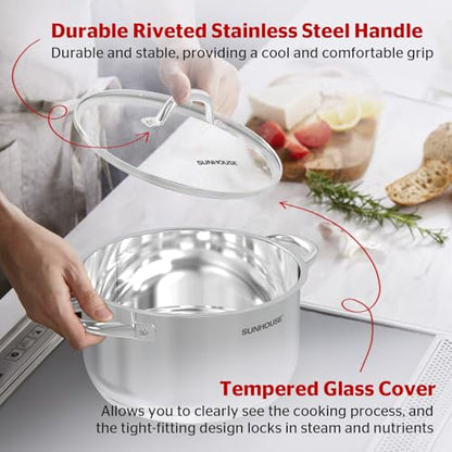 Sunhouse Stock Pot with Lid - 13 QT Large Pot for Cooking Pasta, Soup, Spaghetti - Impact Bonding Base Big Stainless Steel Pots for Canning, Boiling - Oven Safe & Induction Compatible Cookware