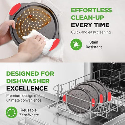 NutriChef 3-Piece Pizza Tray Set with Silicone Handles - Round Nonstick Pizza Pan with Perforated Holes, Durable Carbon Steel, Small, Medium, Large Sizes - Ideal for Crispy, Evenly Baked Pizzas (Gray)