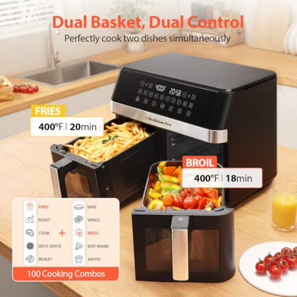 12QT Large Dual Air Fryer, 10-in-1 with SyncCook, ProTemp & UltraCrisp Tech