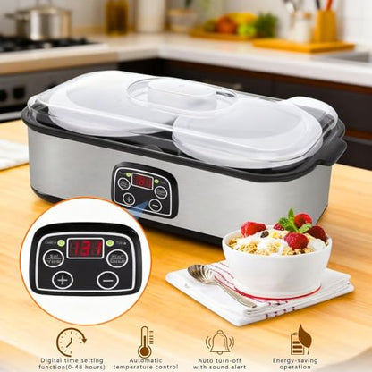 2L Probiotic Yogurt Maker with Two 1L Glass Containers for Larger Batches Yogurt Maker with Adjustable Time & Temp Control Probiotics Stainless Steel Yogurt Making Machine for Homemade Yogurt Dessert