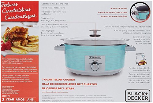 BLACK+DECKER 7-Quart Slow Cooker, SC2007D, Lid Holder, 3 Heat Settings, Extra Large Handles, Dishwasher Safe, Teal