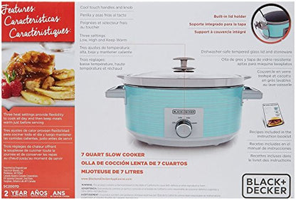 BLACK+DECKER 7-Quart Slow Cooker, SC2007D, Lid Holder, 3 Heat Settings, Extra Large Handles, Dishwasher Safe, Teal