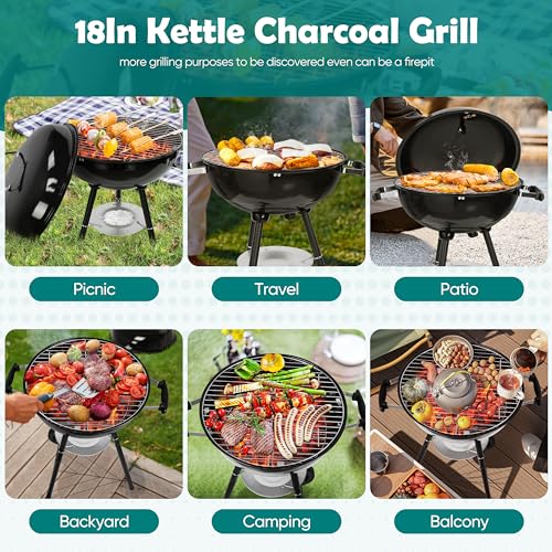 HaSteeL 18 Inch Charcoal Grill, Black Kettle Outdoor Barbecue Grill, 2-In-1 Portable BBQ Grill with Wheels for Camping Backyard Patio Picnic, Porcelain-Enameled Lid & Fire Bowl, 254.SQ.IN Cooking Area