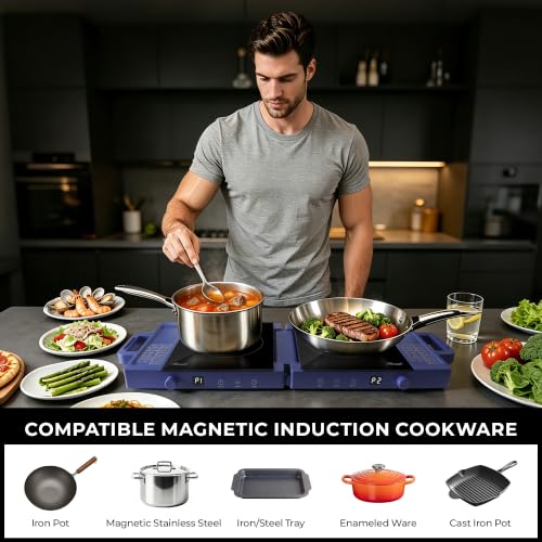 Rosewill Foldable Dual Induction Cooktop Burner, 1800W Portable Double Burner with 8 Cooking Modes & 9-Hour Timer, Auto Shutoff, Electric Stove for Home, Dorms, RVs, Small Kitchen - Blue