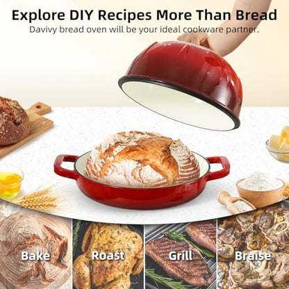 Davivy Enameled Cast Iron Sourdough Dutch Oven, 5QT Dutch Oven for Sourdough Bread, Round Cast Iron Bread Pan Bread Cloche - Cherry Red