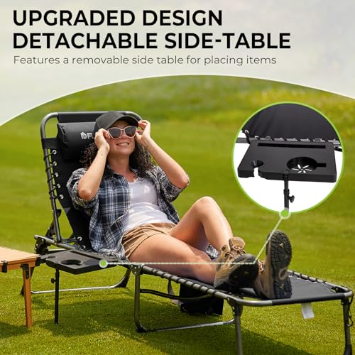 FUNDANGO Chaise Lounge Chair Outdoor, 5-Position Folding Tanning Chair with Detachable Side Table & Pillow, 180° Lay Flat Portable Beach, Heavy Duty U-Frame for Patio, Pool, Lawn, 265lbs (Black)