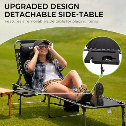FUNDANGO Chaise Lounge Chair Outdoor, 5-Position Folding Tanning Chair with Detachable Side Table & Pillow, 180° Lay Flat Portable Beach, Heavy Duty U-Frame for Patio, Pool, Lawn, 265lbs (Black)