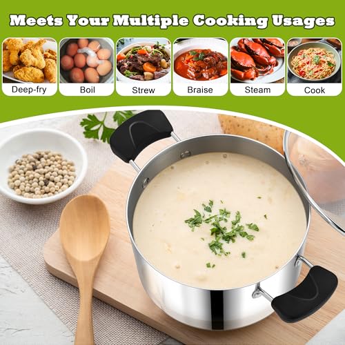 5 Quart 3-Ply Cooking Stock Pot with Lid, P&P CHEF Stainless Steel Large Pot for Pasta Soup, Work on Multi Stove, Heavy Duty & Dishwasher Safe, Dual Heat-resistant Handles & Transparent Glass Lid